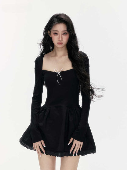 24olvides - Fitted Two-Tone Look Dress with Lace Hem and Bow Detail
