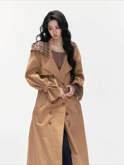 24olvides - Brown Long Padded Trench Coat with Plaid Hood