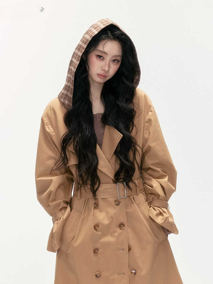 24olvides - Brown Long Padded Trench Coat with Plaid Hood