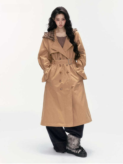 24olvides - Brown Long Padded Trench Coat with Plaid Hood