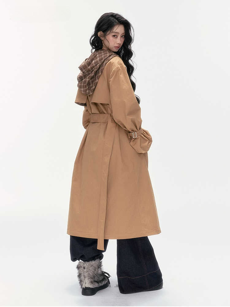 24olvides - Brown Long Padded Trench Coat with Plaid Hood