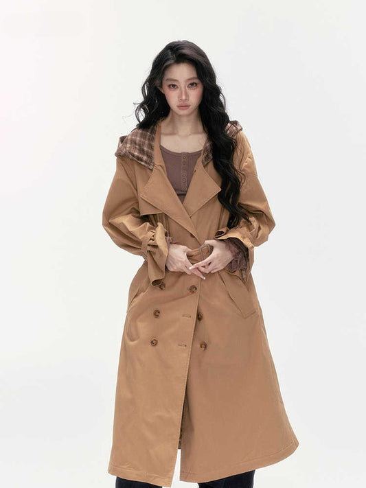 24olvides - Brown Long Padded Trench Coat with Plaid Hood