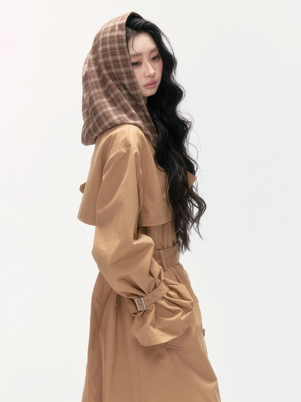 24olvides - Brown Long Padded Trench Coat with Plaid Hood