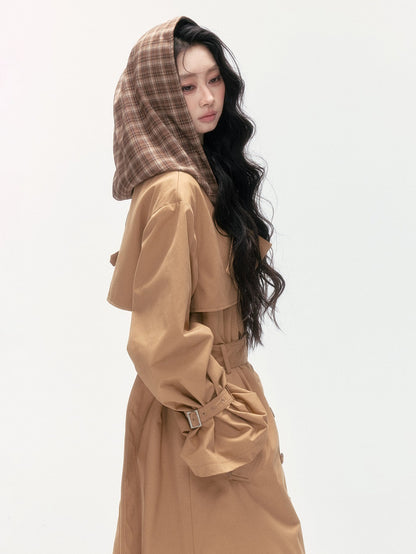 24olvides - Brown Long Padded Trench Coat with Plaid Hood