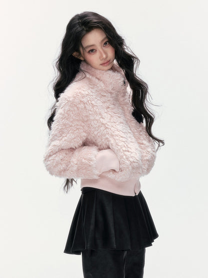 24olvides - Pink Faux Shearling Stand Collar Jacket