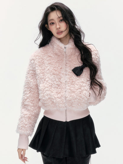 24olvides - Pink Faux Shearling Stand Collar Jacket