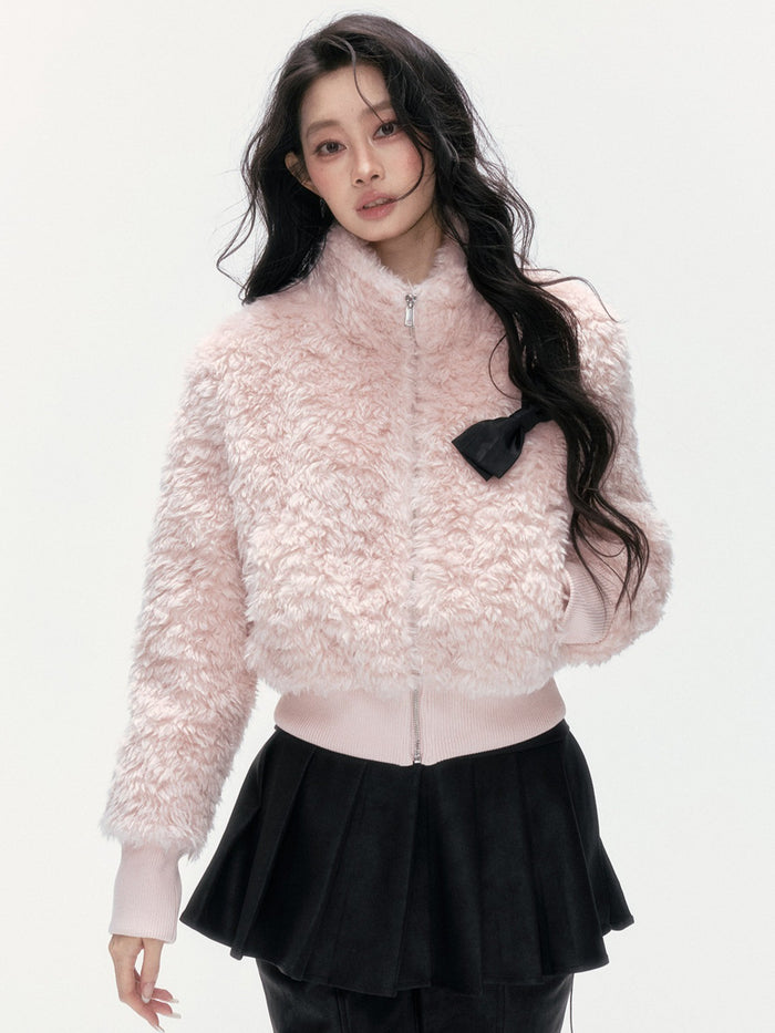 24olvides - Pink Faux Shearling Stand Collar Jacket