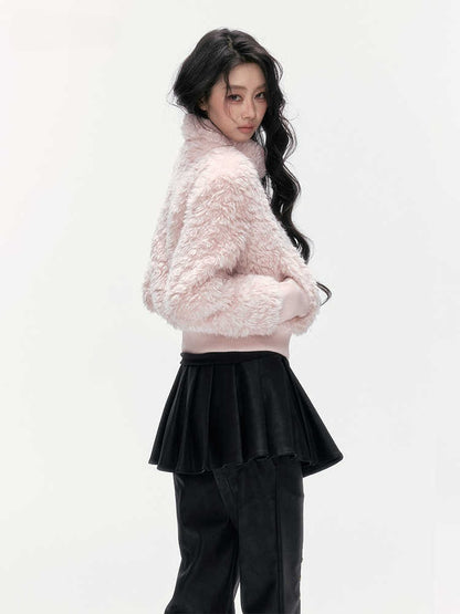 24olvides - Pink Faux Shearling Stand Collar Jacket