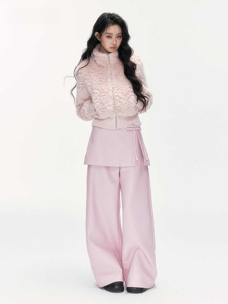 24olvides - Pink Faux Shearling Stand Collar Jacket