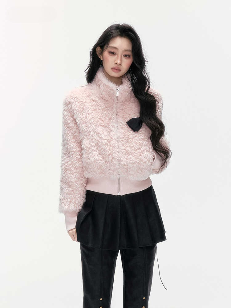 24olvides - Pink Faux Shearling Stand Collar Jacket