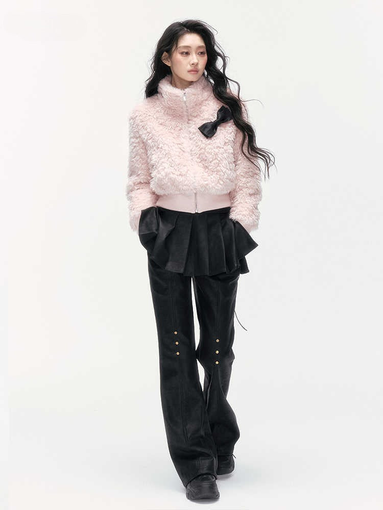 24olvides - Pink Faux Shearling Stand Collar Jacket
