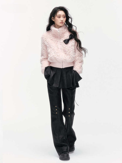 24olvides - Pink Faux Shearling Stand Collar Jacket