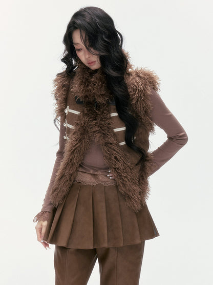24olvides - Faux Suede Faux Shearling Vest with Pearl Buttons (White / Brown)