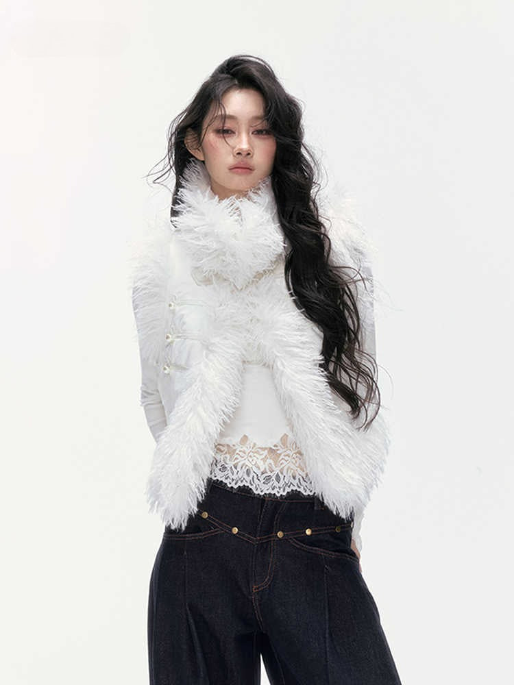 24olvides - Faux Suede Faux Shearling Vest with Pearl Buttons (White / Brown)