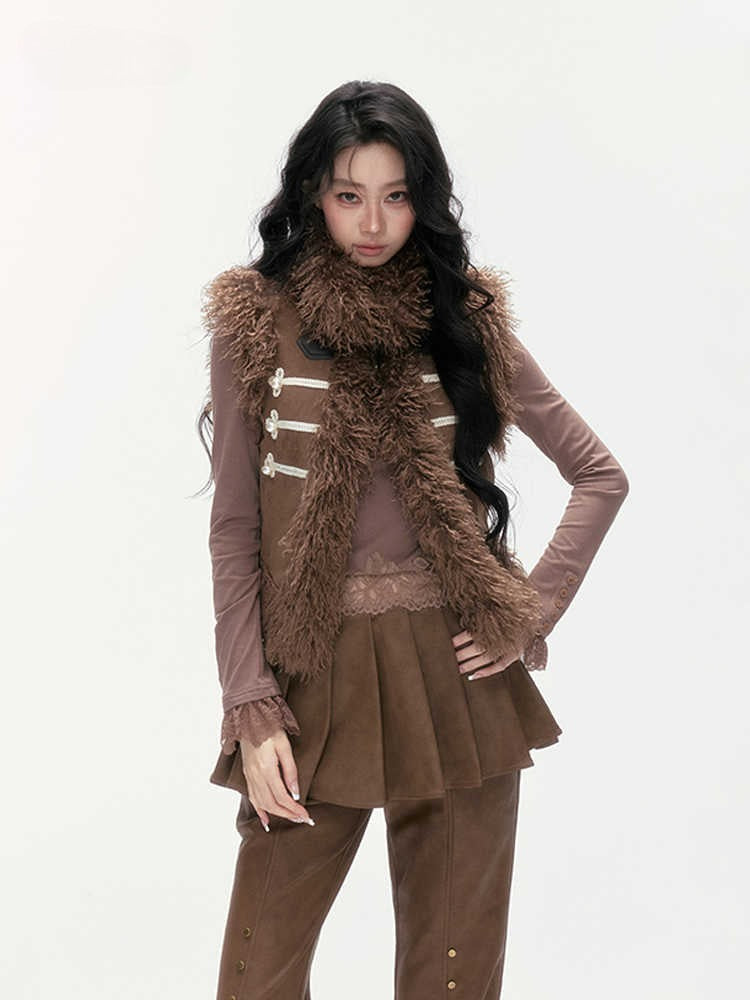 24olvides - Faux Suede Faux Shearling Vest with Pearl Buttons (White / Brown)