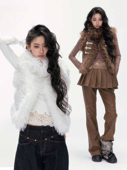 24olvides - Faux Suede Faux Shearling Vest with Pearl Buttons (White / Brown)