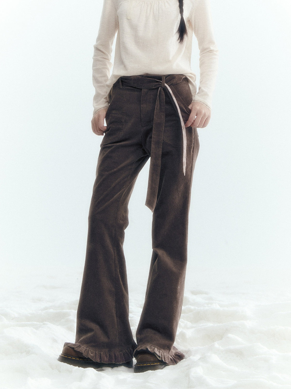 Horridale - Milk Tea Brown Floral Belt Corduroy Flare Pants