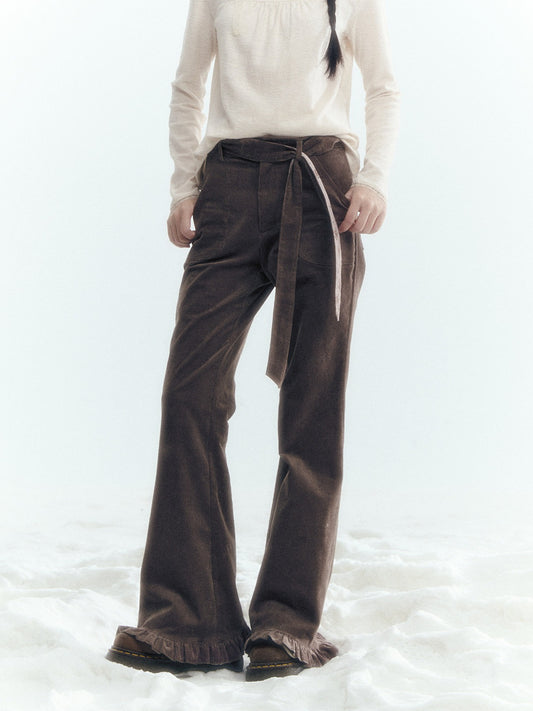Horridale - Milk Tea Brown Floral Belt Corduroy Flare Pants