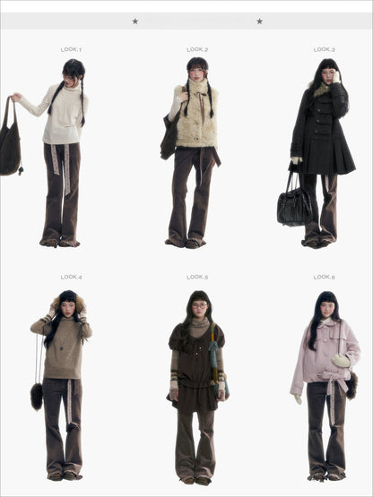 Horridale - Milk Tea Brown Floral Belt Corduroy Flare Pants
