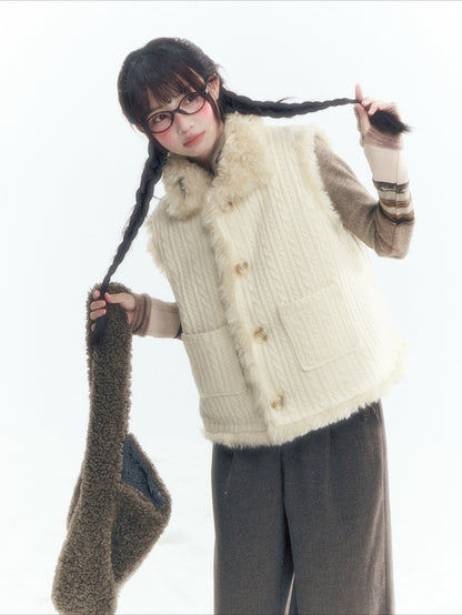 Horridale - Cream Beige Reversible Knit Vest with Detachable Bow