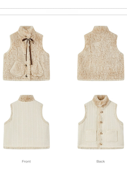 Horridale - Cream Beige Reversible Knit Vest with Detachable Bow