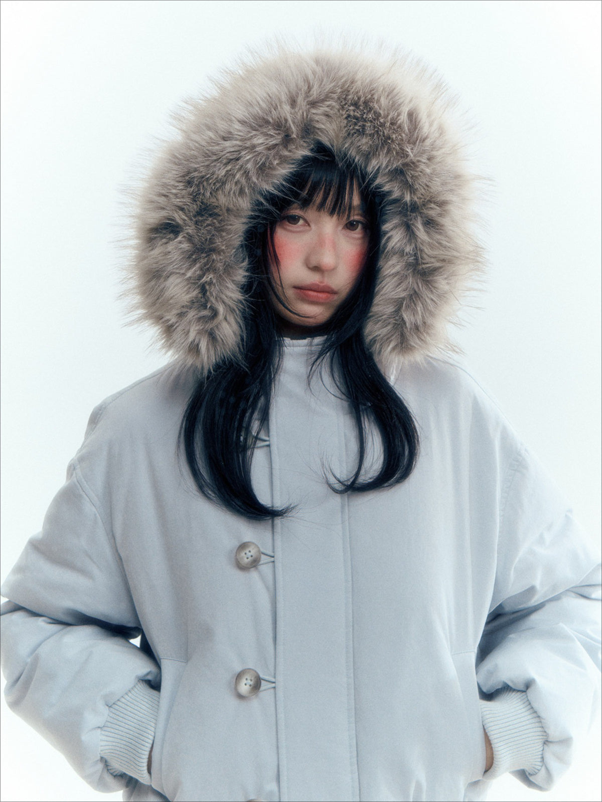 Horridale - Mist Blue Hooded Down Jacket with Detachable Faux Fur Collar