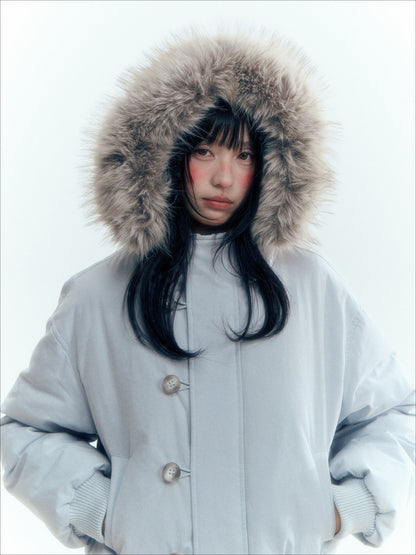 Horridale - Mist Blue Hooded Down Jacket with Detachable Faux Fur Collar