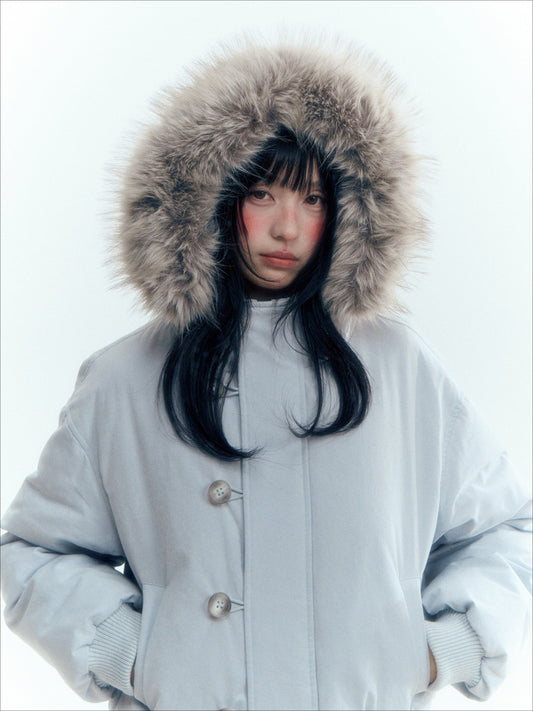 Horridale - Mist Blue Hooded Down Jacket with Detachable Faux Fur Collar