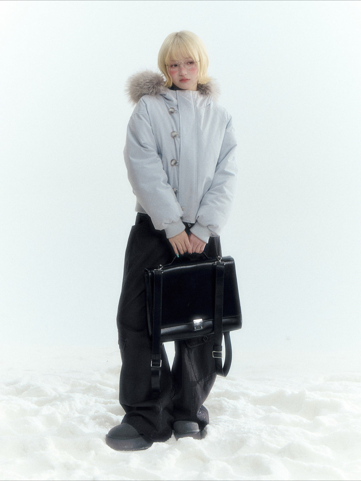 Horridale - Mist Blue Hooded Down Jacket with Detachable Faux Fur Collar