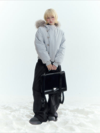 Horridale - Mist Blue Hooded Down Jacket with Detachable Faux Fur Collar