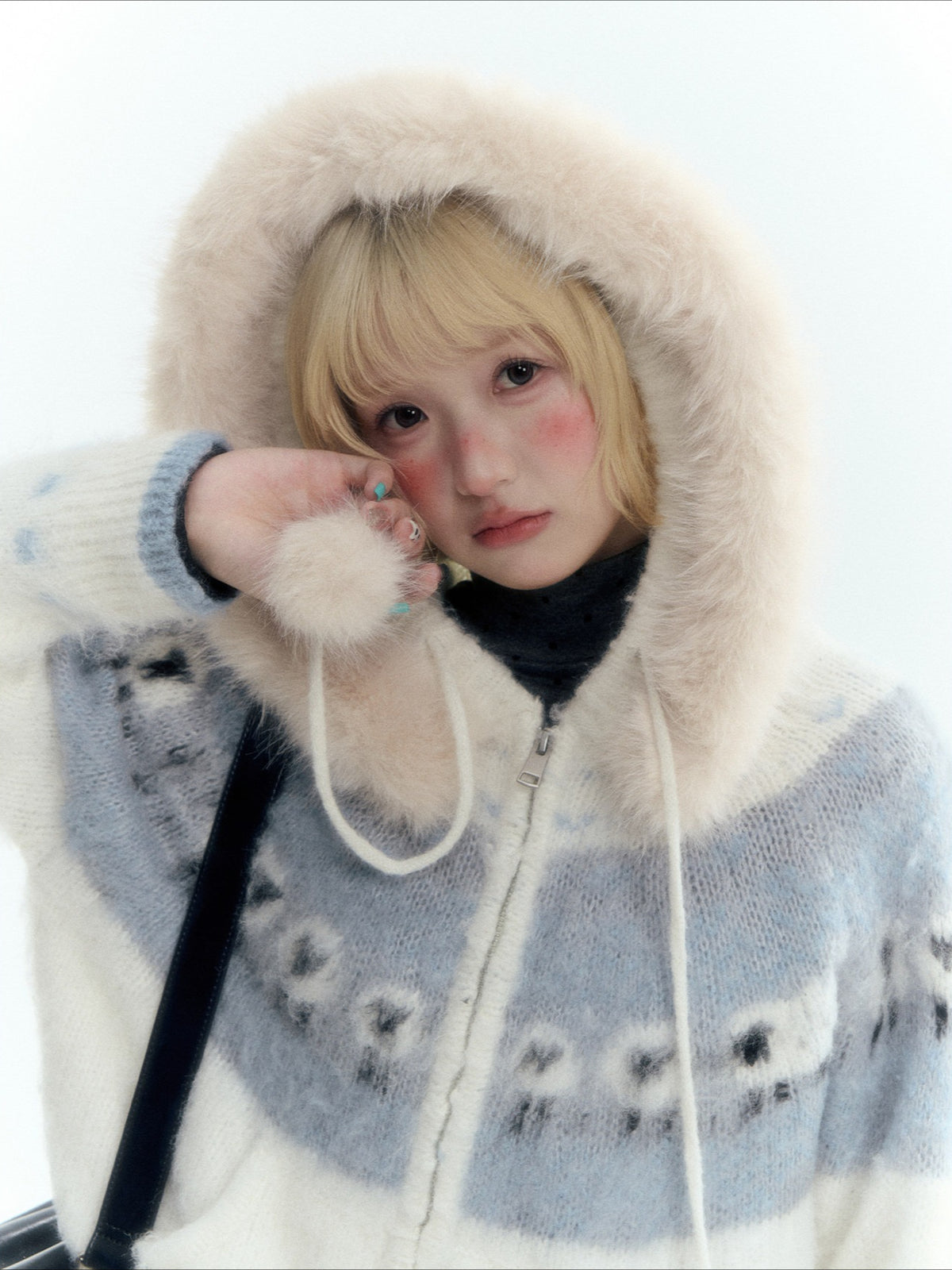 Horridale - Ice Blue White Sheep Jacquard Hooded Knit Cardigan