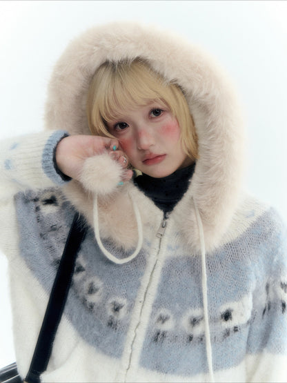 Horridale - Ice Blue White Sheep Jacquard Hooded Knit Cardigan