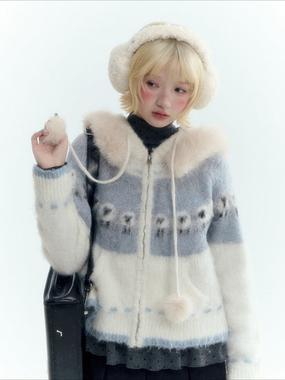 Horridale - Ice Blue White Sheep Jacquard Hooded Knit Cardigan