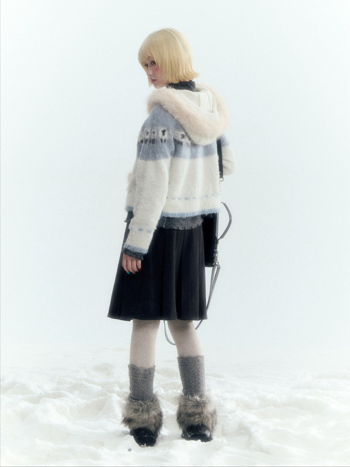 Horridale - Ice Blue White Sheep Jacquard Hooded Knit Cardigan