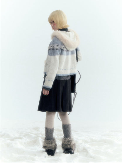 Horridale - Ice Blue White Sheep Jacquard Hooded Knit Cardigan