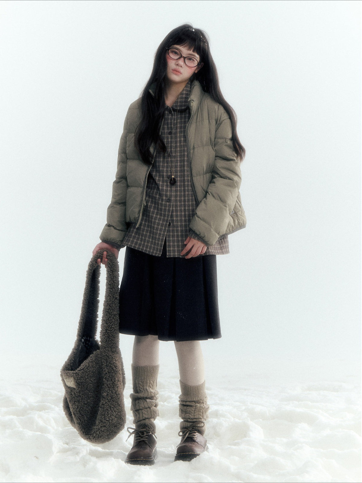 Horridale - Brown Khaki Plaid Embroidered Peter Pan Collar Shirt