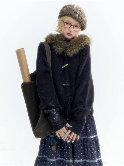 Horridale - Dark Coffee Brown Hooded Knit Cardigan with Detachable Faux Fur Collar