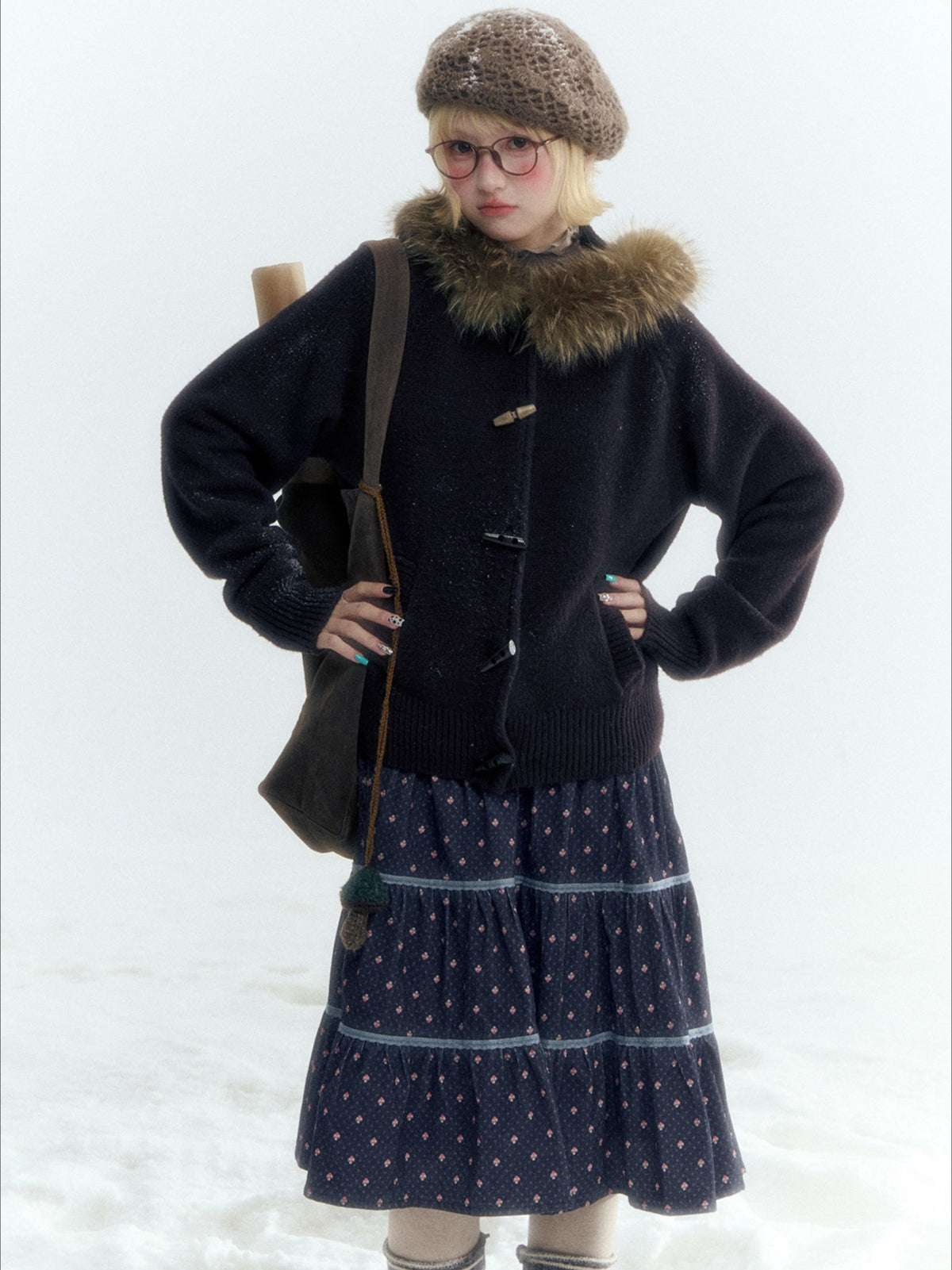 Horridale - Dark Coffee Brown Hooded Knit Cardigan with Detachable Faux Fur Collar