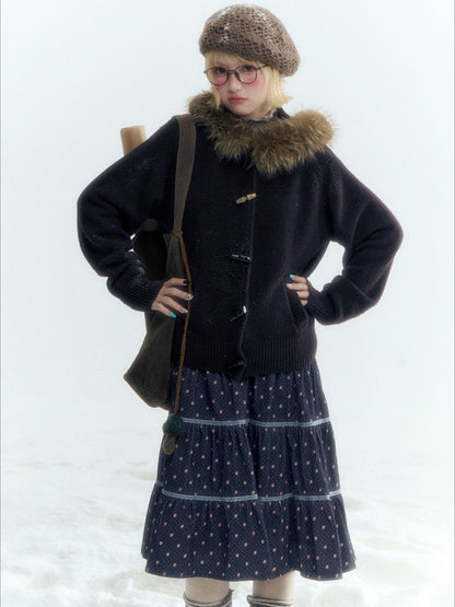 Horridale - Dark Coffee Brown Hooded Knit Cardigan with Detachable Faux Fur Collar