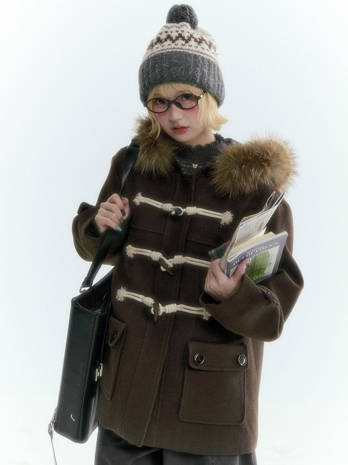 Horridale - Dark Coffee Brown Cropped Hooded Toggle Coat with Detachable Faux Fur Collar
