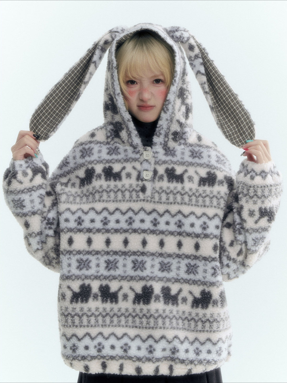 Horridale - Pink Fair Isle Cat Sherpa Fleece Hoodie with Bunny Ears