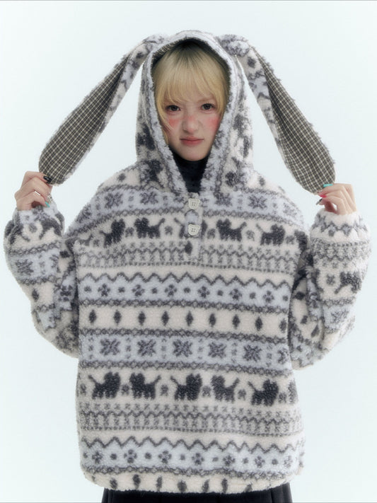 Horridale - Pink Fair Isle Cat Sherpa Fleece Hoodie with Bunny Ears