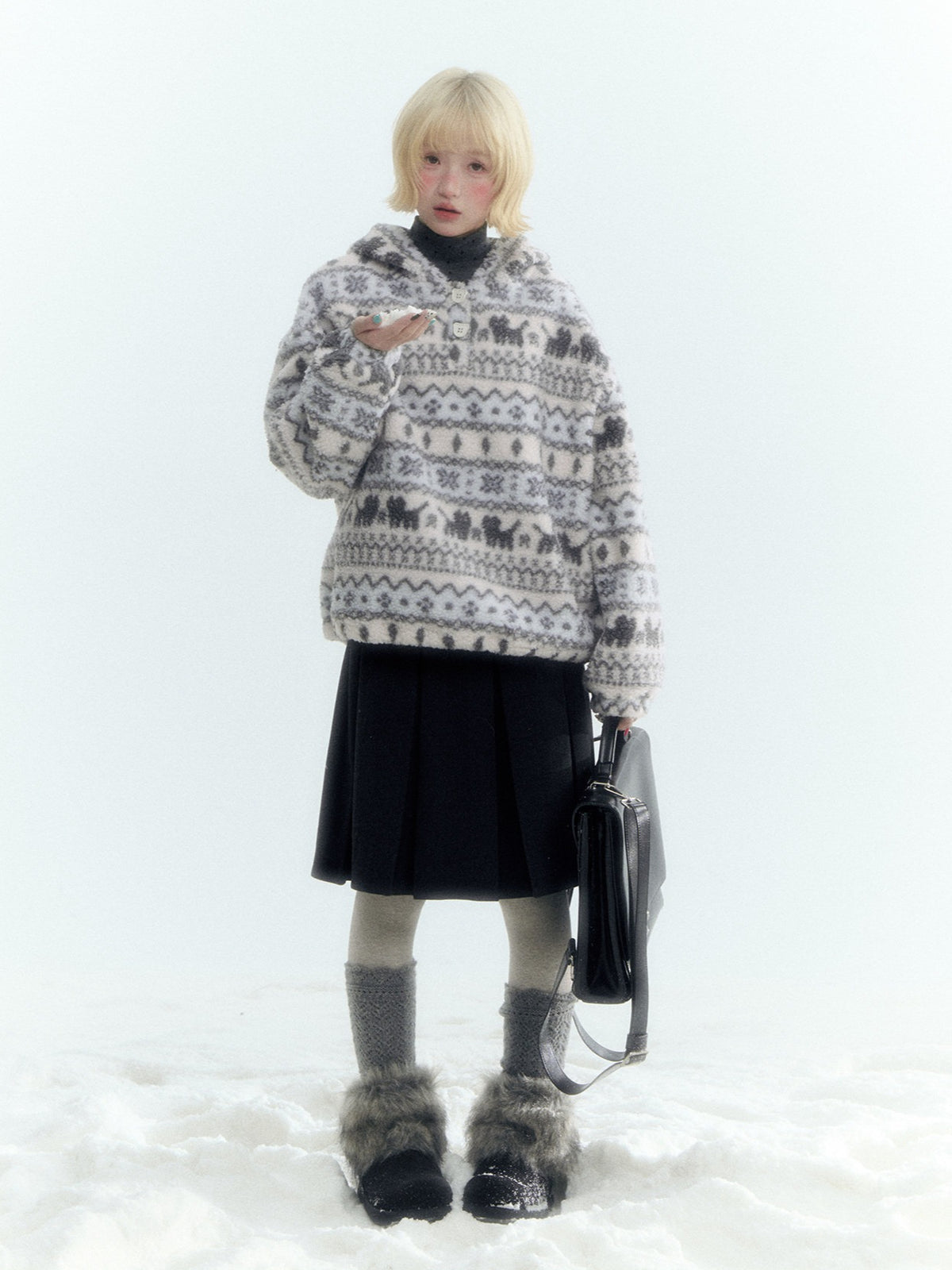 Horridale - Pink Fair Isle Cat Sherpa Fleece Hoodie with Bunny Ears