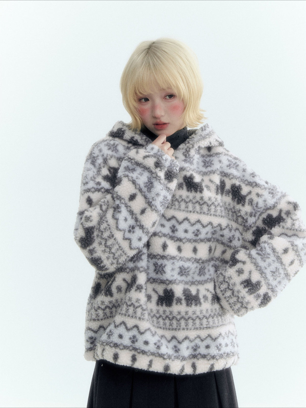 Horridale - Pink Fair Isle Cat Sherpa Fleece Hoodie with Bunny Ears