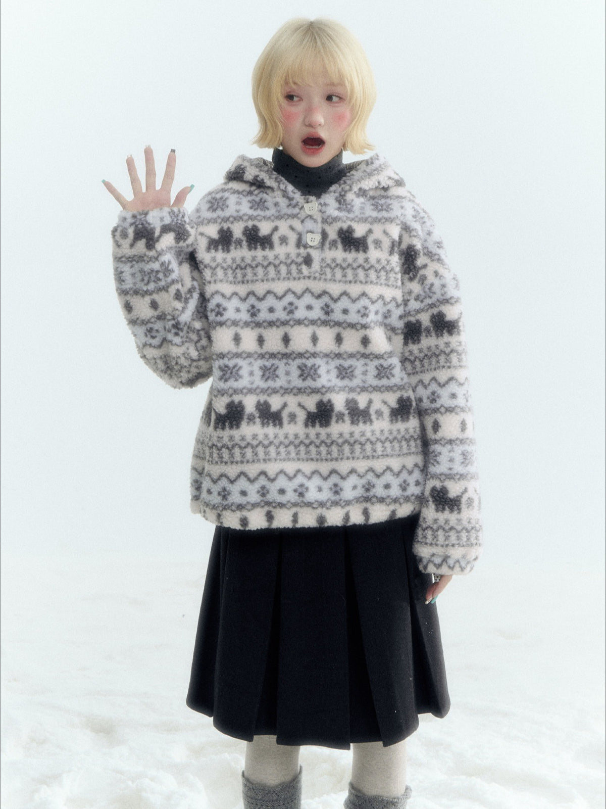 Horridale - Pink Fair Isle Cat Sherpa Fleece Hoodie with Bunny Ears