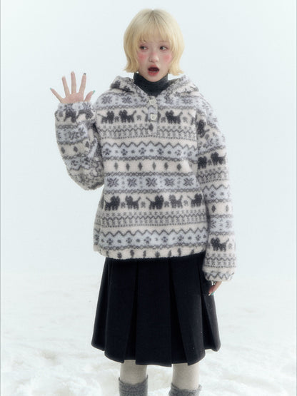 Horridale - Pink Fair Isle Cat Sherpa Fleece Hoodie with Bunny Ears