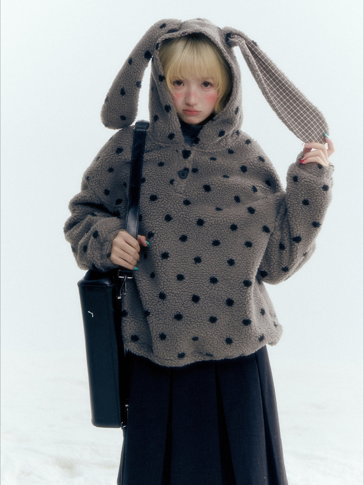 Horridale - Pink Black Polka Dot Sherpa Fleece Hoodie with Bunny Ears