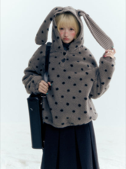 Horridale - Pink Black Polka Dot Sherpa Fleece Hoodie with Bunny Ears