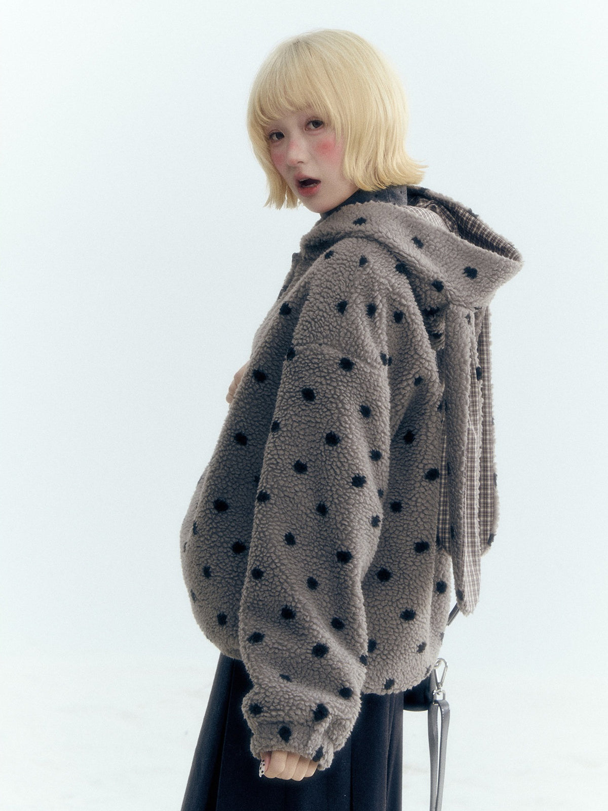 Horridale - Pink Black Polka Dot Sherpa Fleece Hoodie with Bunny Ears