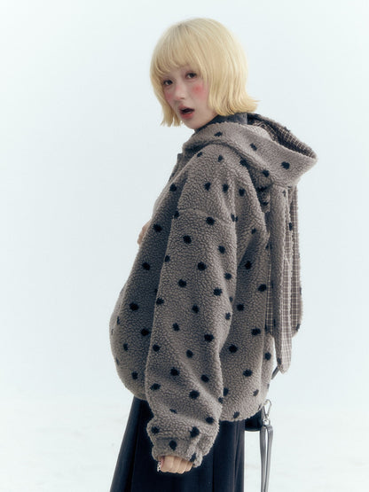 Horridale - Pink Black Polka Dot Sherpa Fleece Hoodie with Bunny Ears
